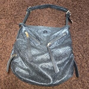 Treesje Vintage Woven Black Leather Hobo Handbag